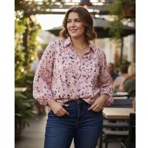 CAbi Pounce Blouse Pink, Black & Multi-Color Leopard Print Women's Size XXL